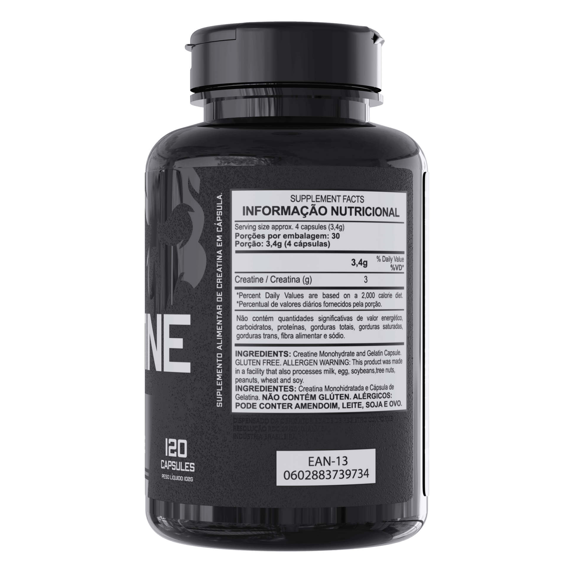 Pote com informações nutricionais da creatina em cápsulas da Dark Lab com 120 comprimidos.