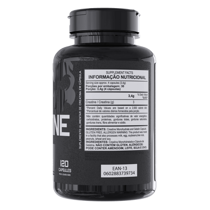 Pote com informações nutricionais da creatina em cápsulas da Dark Lab com 120 comprimidos.