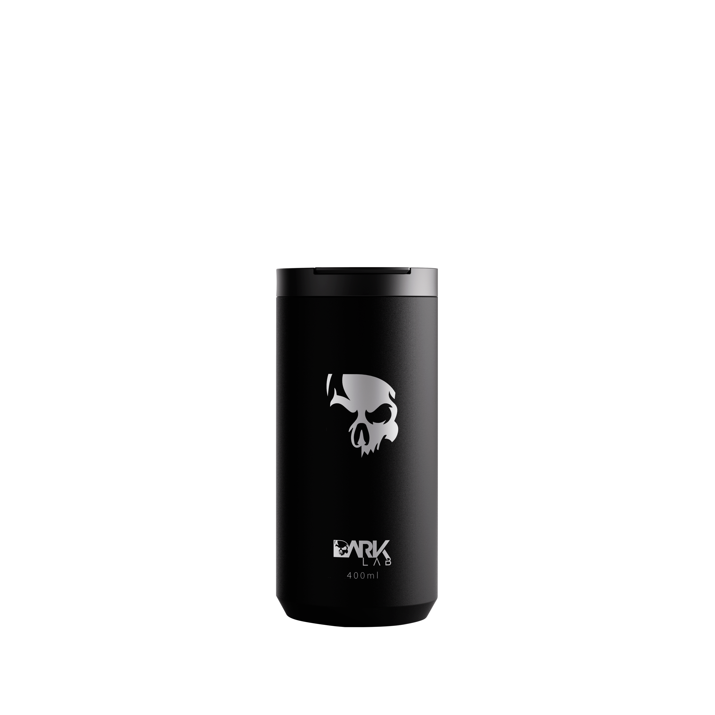 Copo Térmico de 400ml para Bebidas Quentes e Geladas com a tampa abaixada da Marca Dark Lab com a logo da marca e caveira, ícone da Dark Lab na parte frontal.