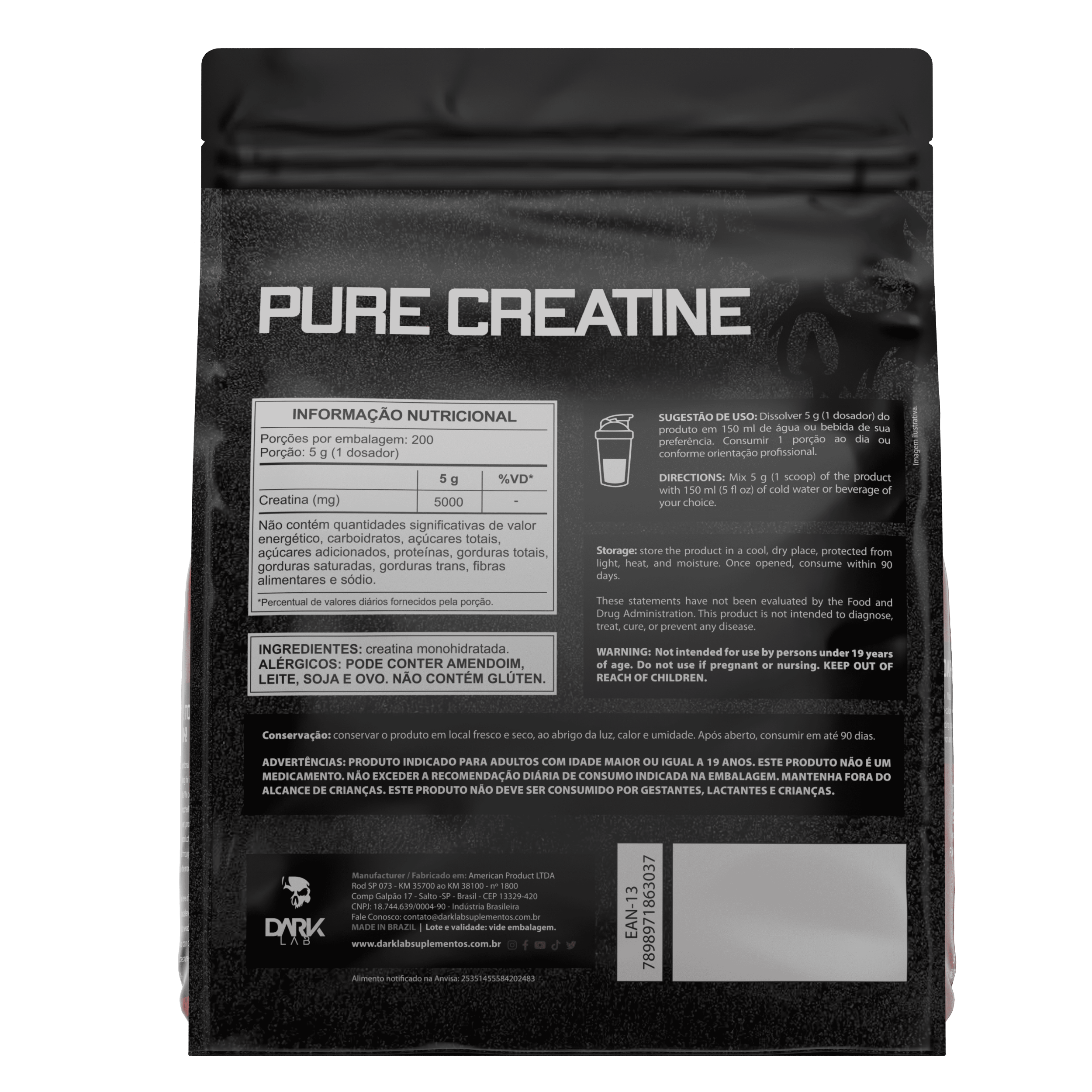 Creatina 1kg Dark Lab Refil | Força e Performance