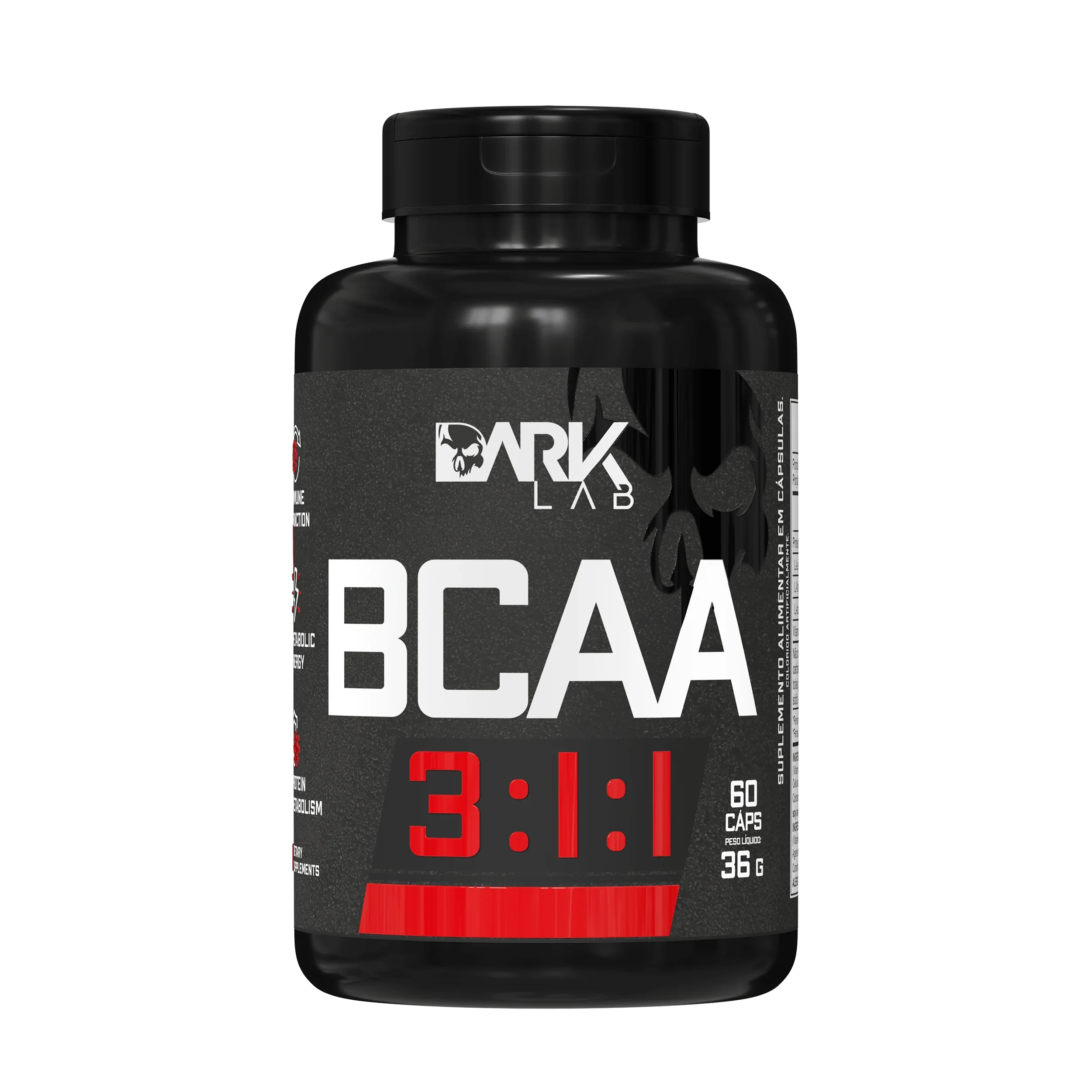 Pote de 36g com 60 cápsulas de BCAA da marca Dark Lab