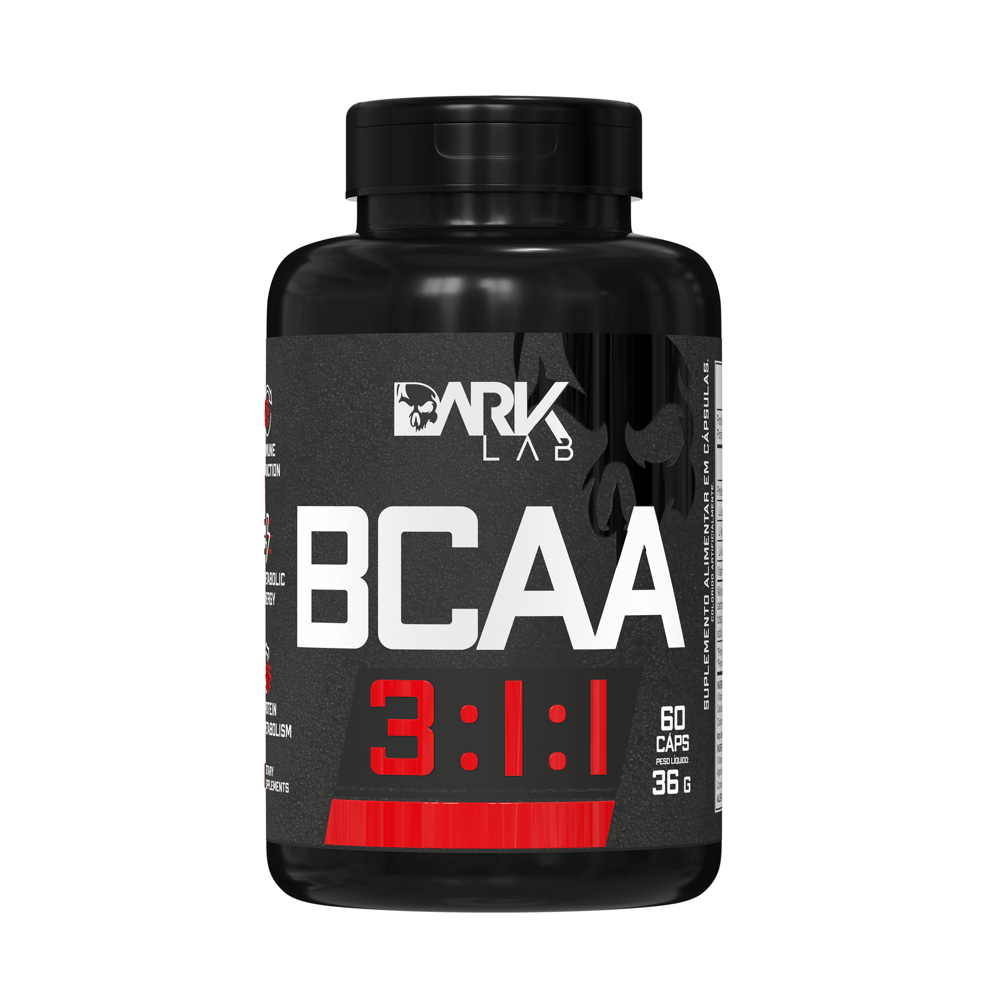 Pote de 36g com 60 cápsulas de BCAA da marca Dark Lab