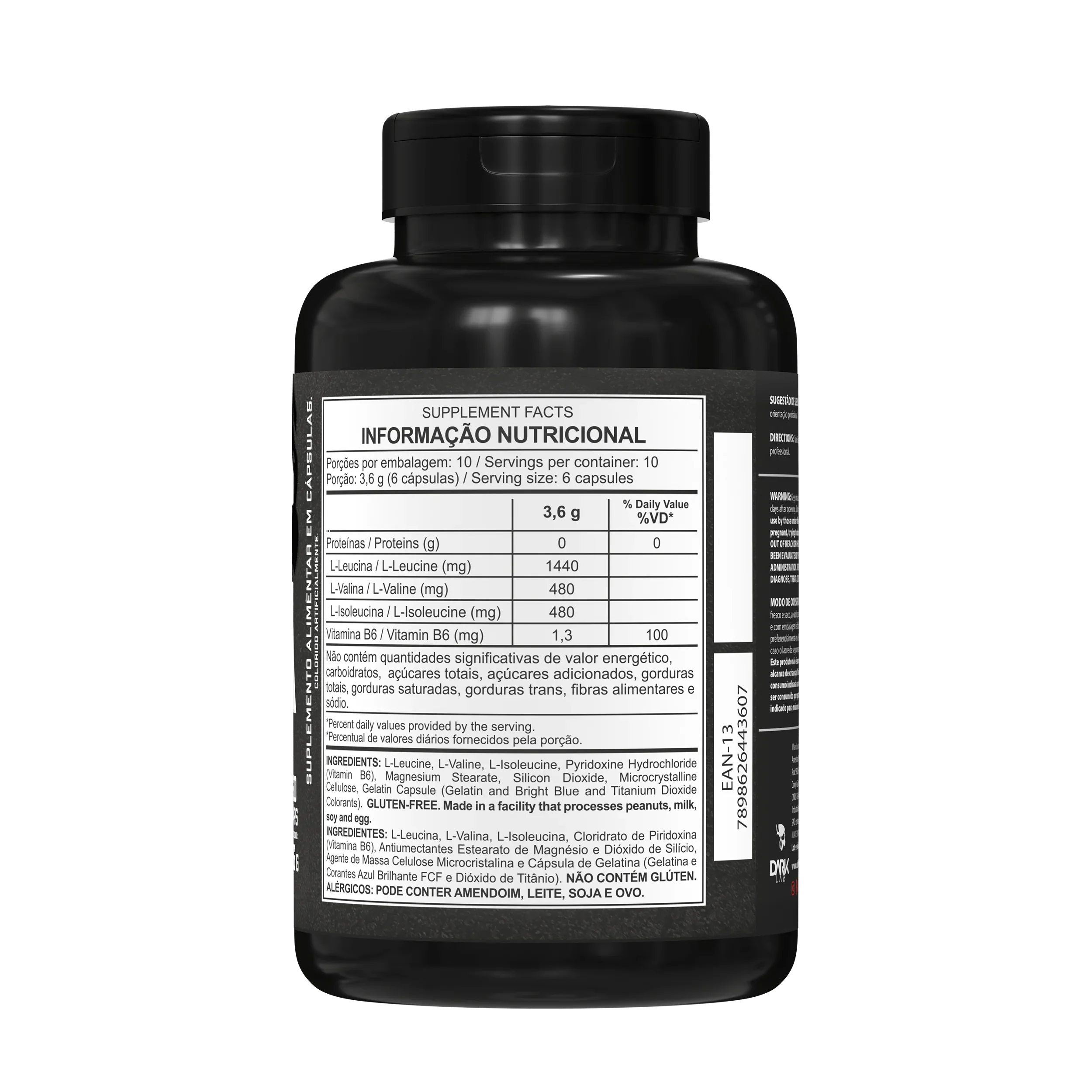 Parte de trás do pote de BCAA mostrando informações nutricionais do produto da Dark Lab