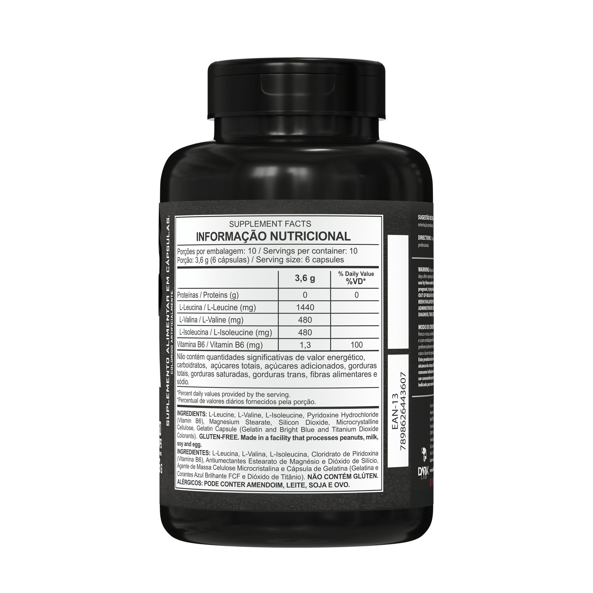 Parte de trás do pote de BCAA mostrando informações nutricionais do produto da Dark Lab