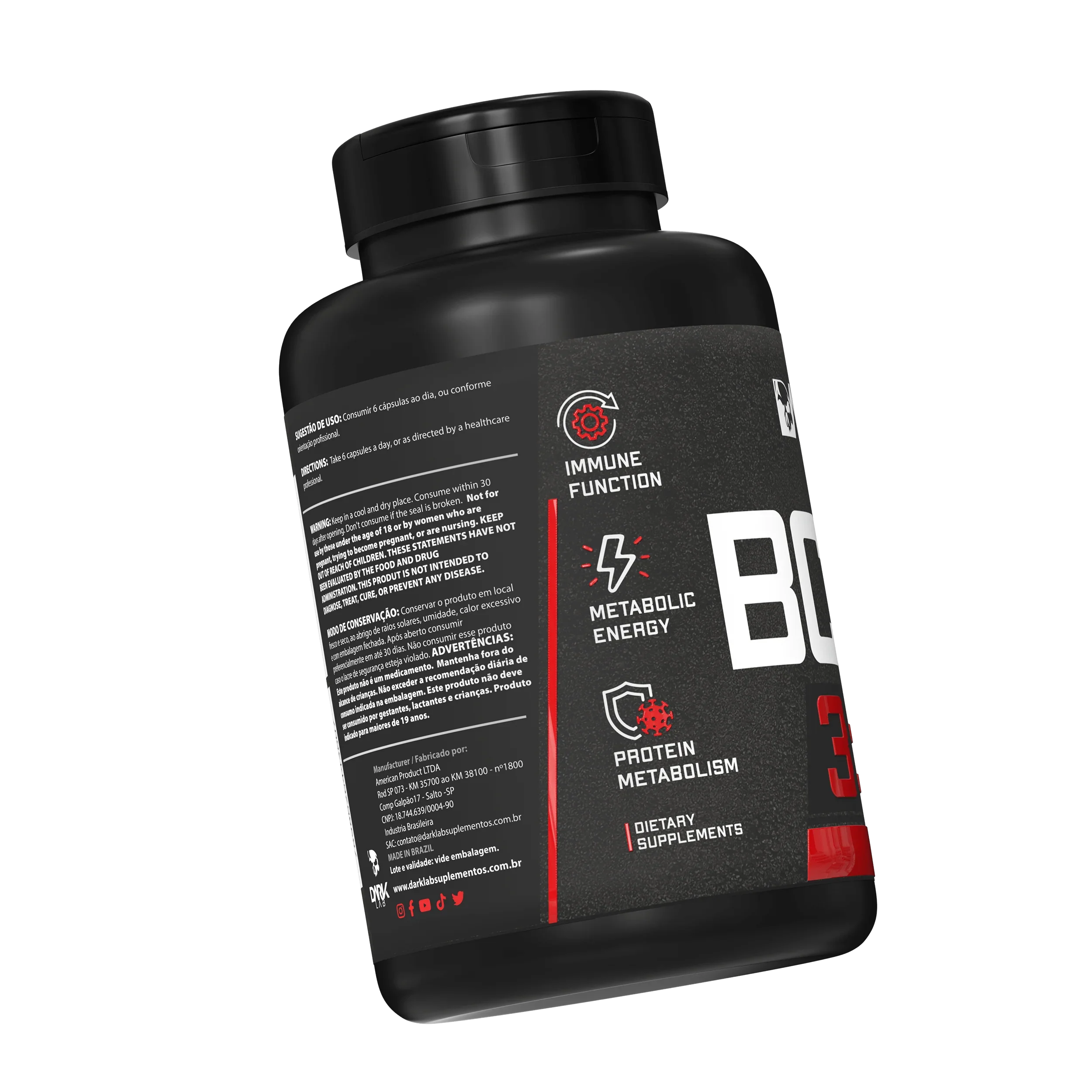 Pote de BCAA da Dark Lab com 60 cápsulas virado mostrando informações sobre os benefícios do BCAA que ajudam na imunidade, energia metabólica e proteção do metabolismo.