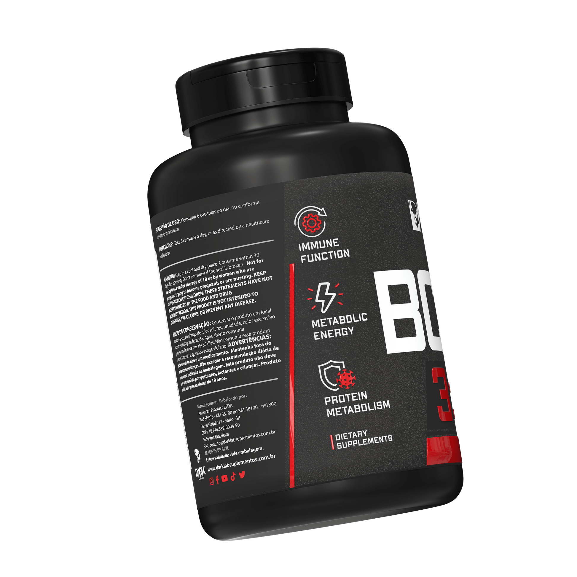 Pote de BCAA da Dark Lab com 60 cápsulas virado mostrando informações sobre os benefícios do BCAA que ajudam na imunidade, energia metabólica e proteção do metabolismo.