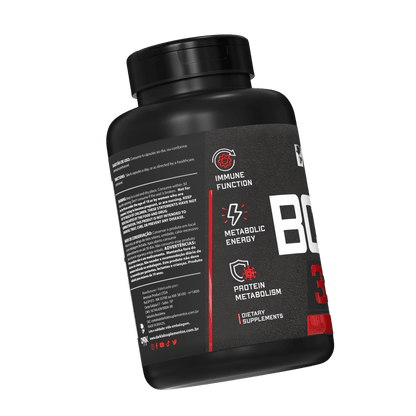 Pote de BCAA da Dark Lab com 60 cápsulas virado mostrando informações sobre os benefícios do BCAA que ajudam na imunidade, energia metabólica e proteção do metabolismo.