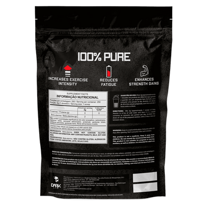 Parte de trás da embalagem do refil de Beta alamina com as informações nutricionais do produto da Dark Lab