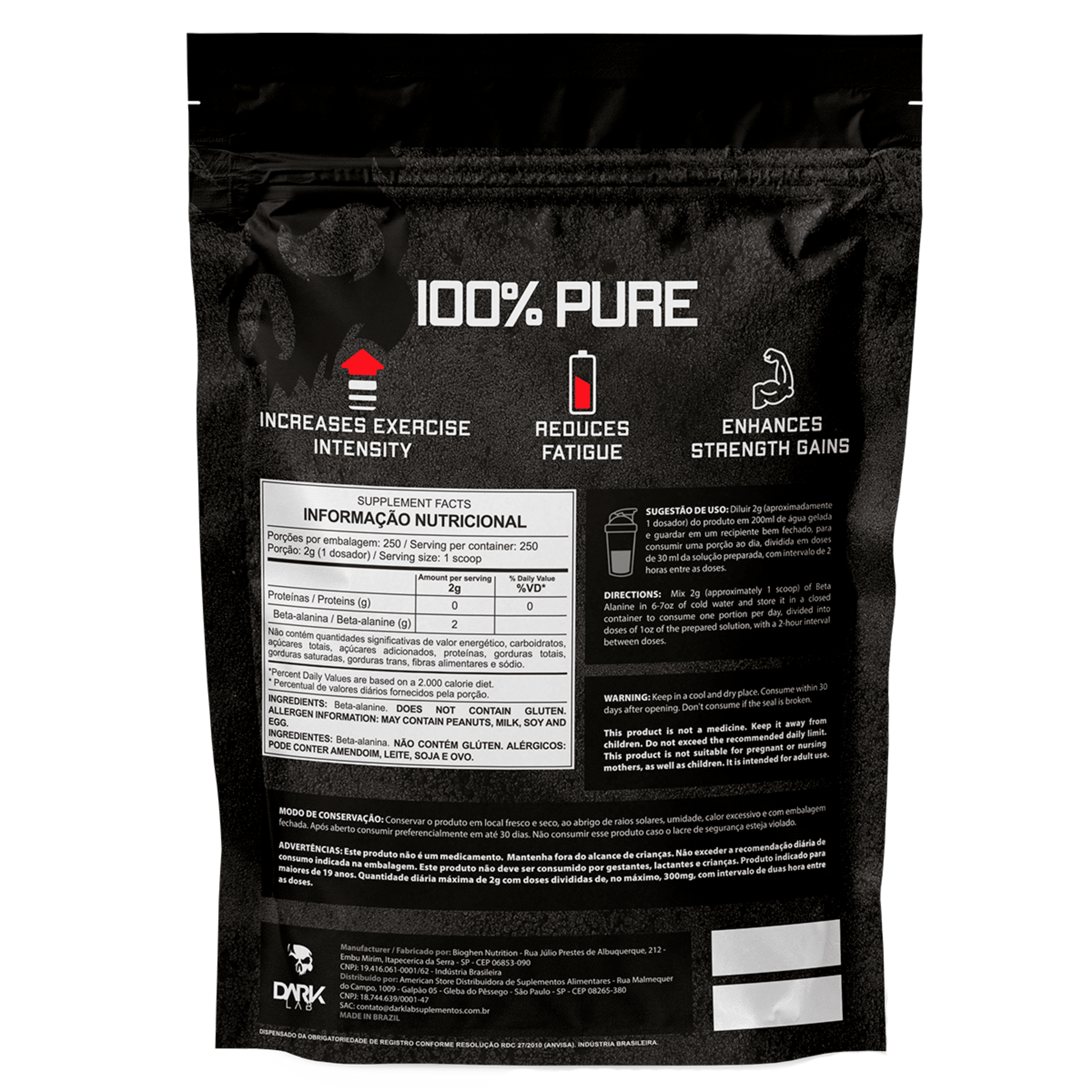 Parte de trás da embalagem do refil de Beta alamina com as informações nutricionais do produto da Dark Lab