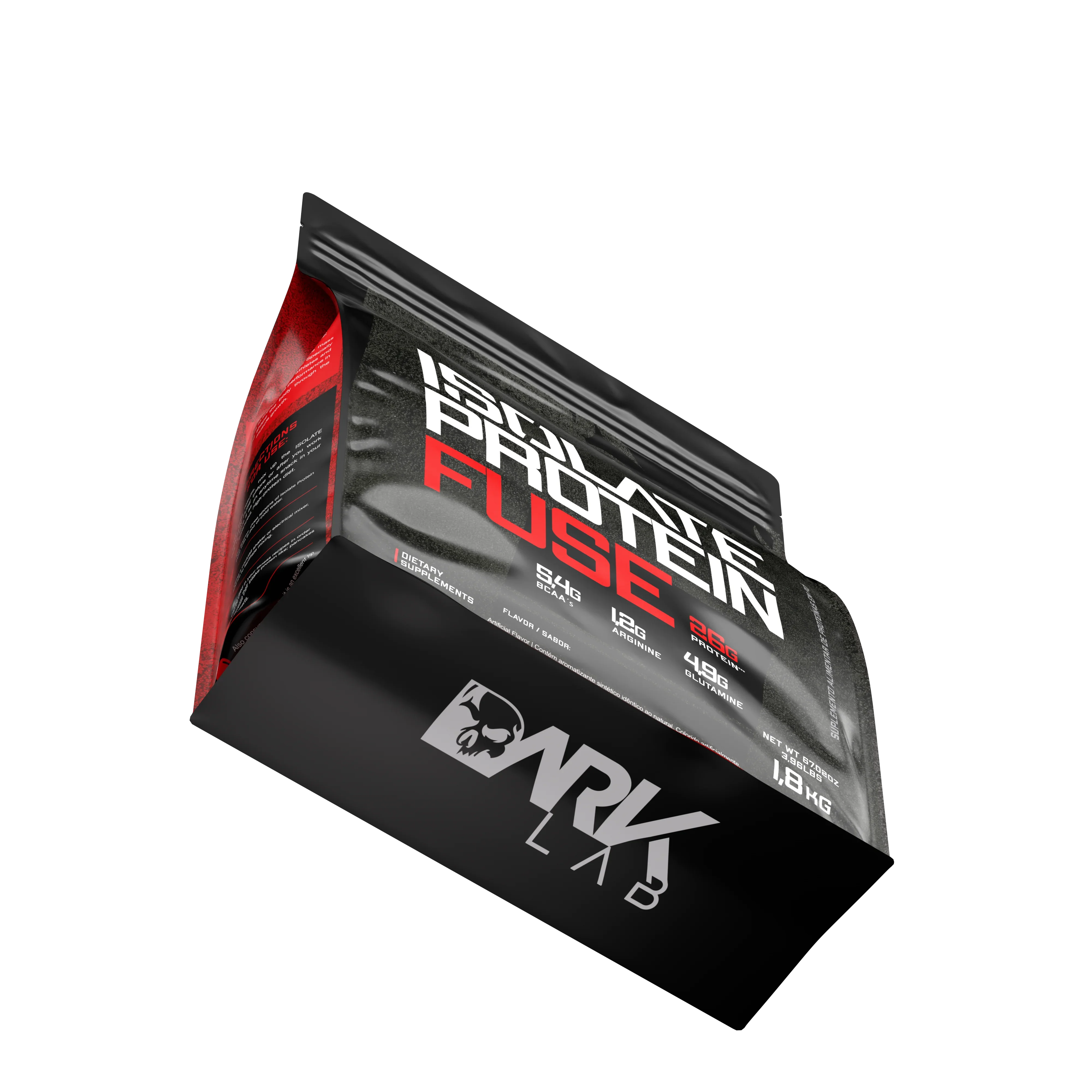 Parte de baixo da embalagem de 1,8k do blend proteído da Dark Lab com BCAAA, Arginina e Glutamina, com a logo da marca no fundo do pacote.
