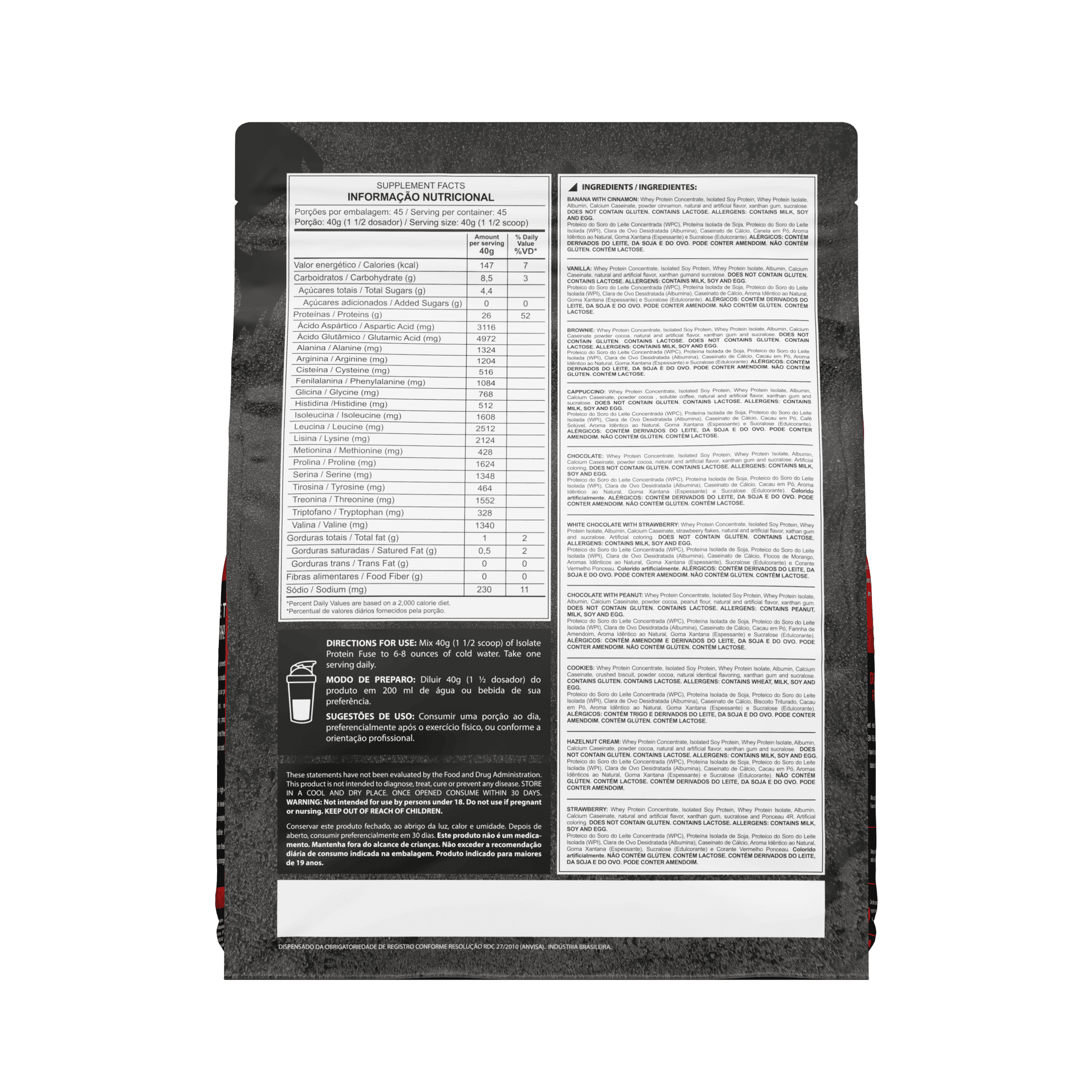 Parte de trás da embalagem de 1,8k do blend proteído da Dark Lab com BCAAA, Arginina e Glutamina, mostrando as informações nutricionais do produto, além de forma de consumo, composição e outros detalhes.