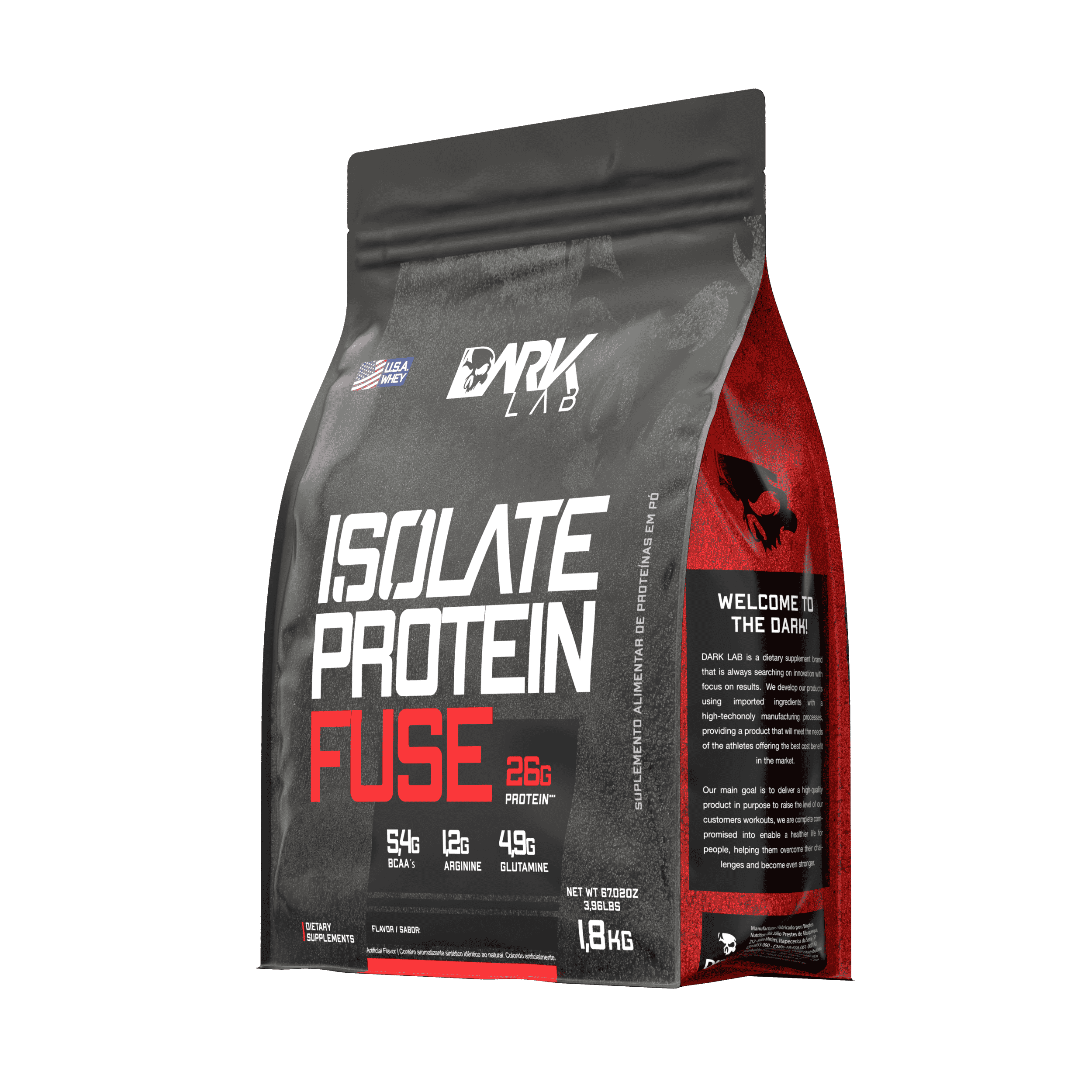 Embalagem de 1,8k do blend proteído da Dark Lab com BCAAA, Arginina e Glutamina, mostrando as informações da Dark Lab.
