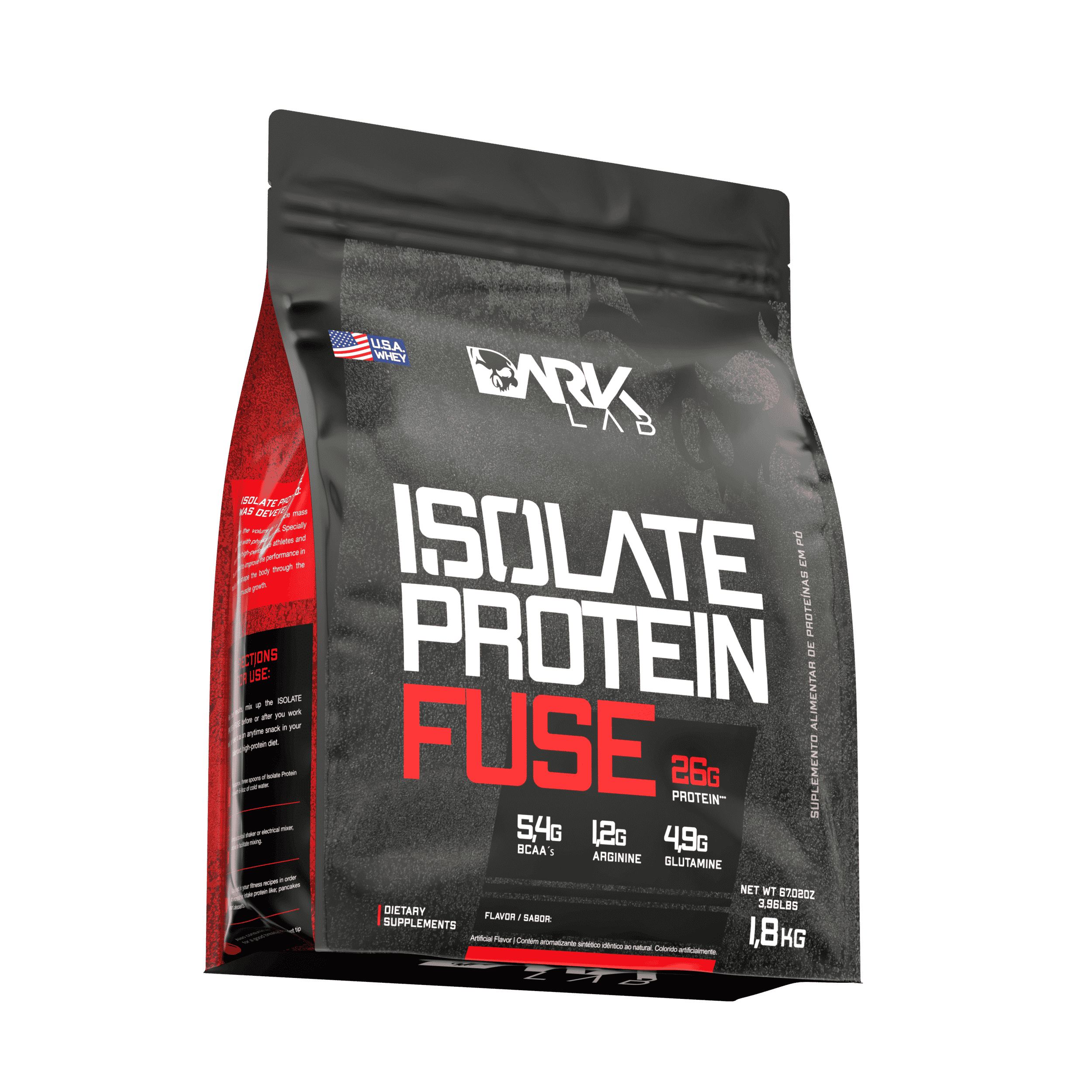 Pacote com 1,8kg do Isolate Protein Fuse, o blend proteico da Dark Lab com BCAA, Glutamina e Arginina.