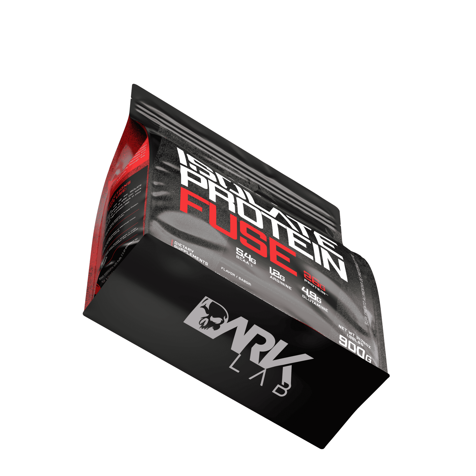 Embalagem de 900g do Isolate Protein Fuse, o blend proteico da marca Dark Lab com a logo da marca no fundo do pacote.