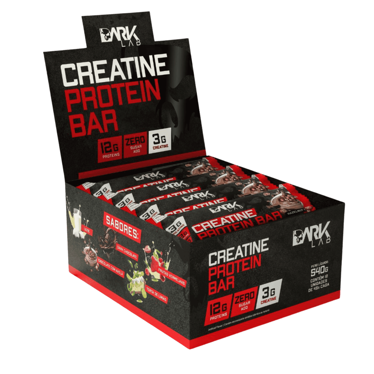 Caixa de 540g de barrinhas de proteína com creatina da Dark Lab 