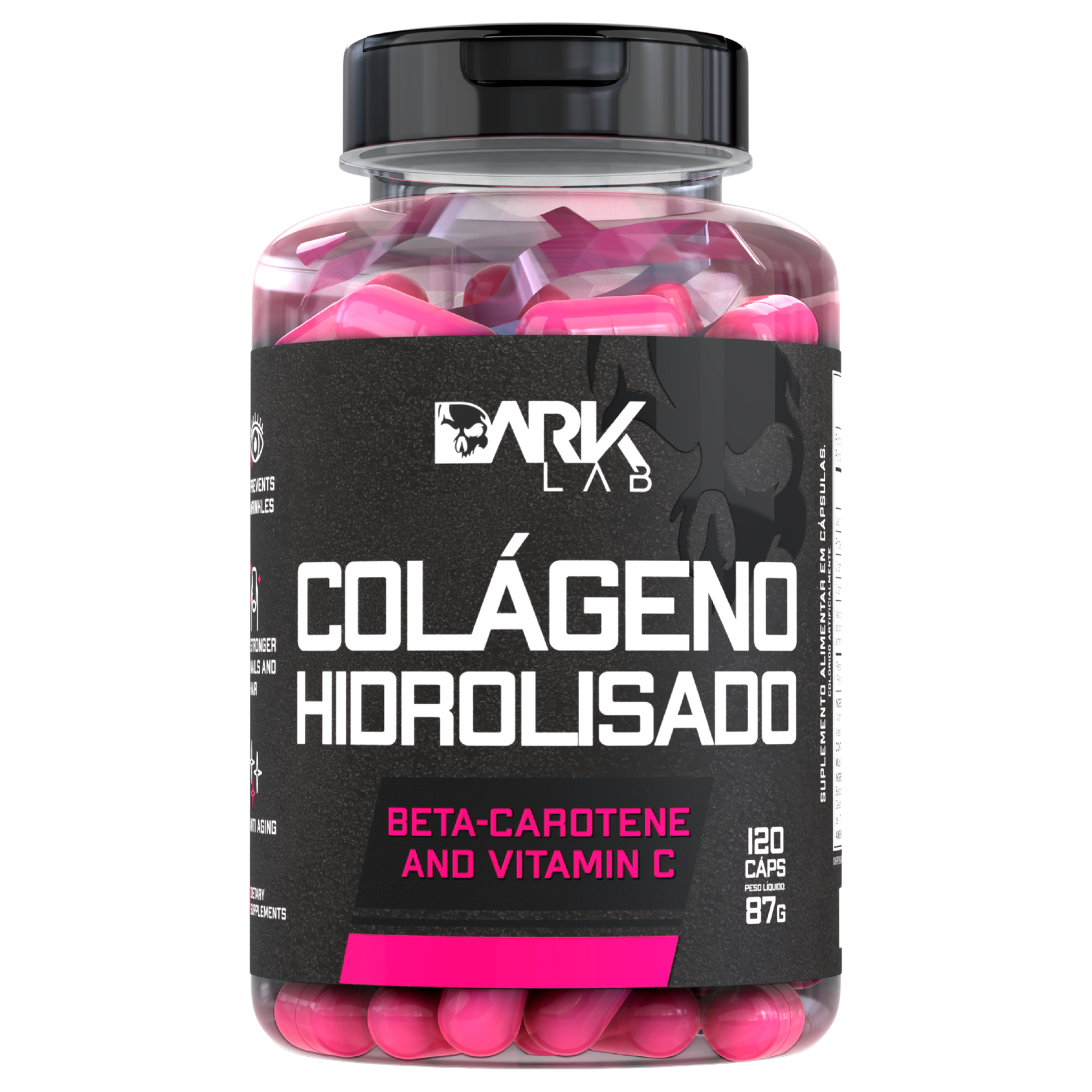 Pote de Colágeno Hidrolisado da Dark Lab mostrando a parte frontal da embalagem de 120 cápsulas e 87g