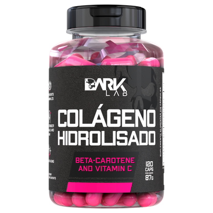 Pote de Colágeno Hidrolisado da Dark Lab mostrando a parte frontal da embalagem de 120 cápsulas e 87g