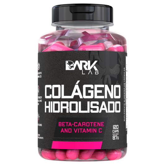 Pote de Colágeno Hidrolisado da Dark Lab mostrando a parte frontal da embalagem de 120 cápsulas e 87g