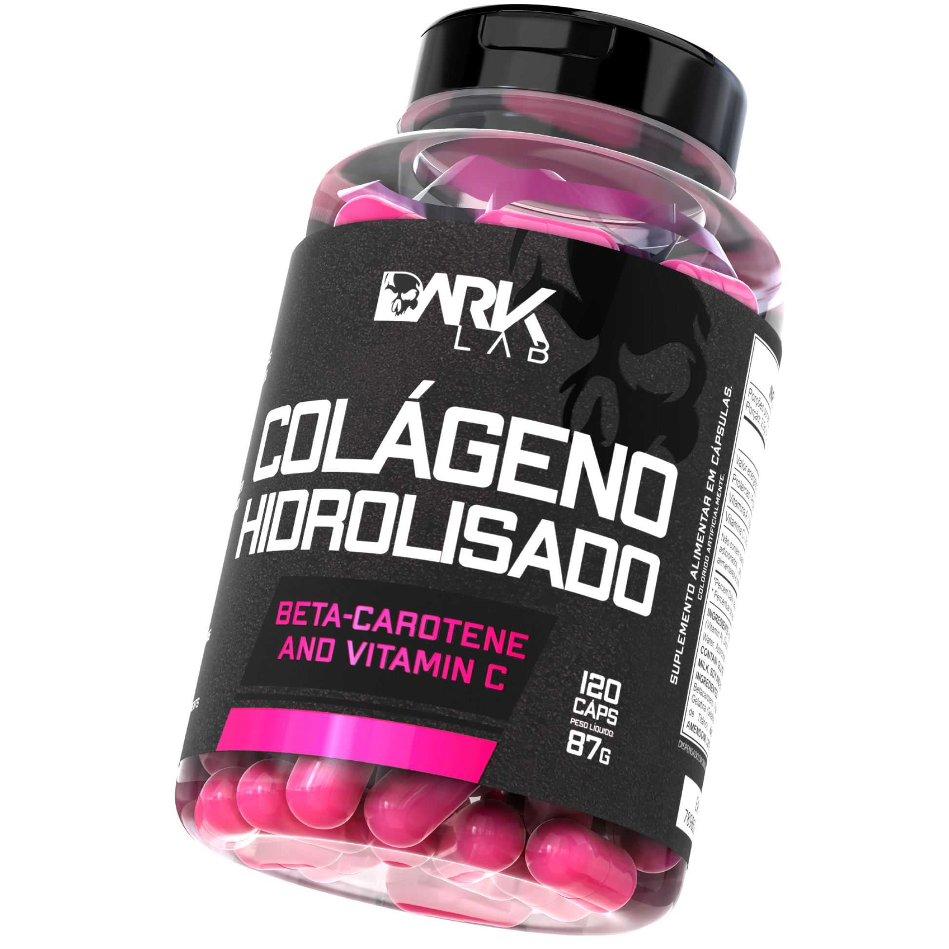 Pote de Colágeno Hidrolisado da Dark Lab levemente inclinado mostrando a parte frontal da embalagem de 120 cápsulas e 87g