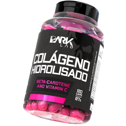 Pote de Colágeno Hidrolisado da Dark Lab levemente inclinado mostrando a parte frontal da embalagem de 120 cápsulas e 87g