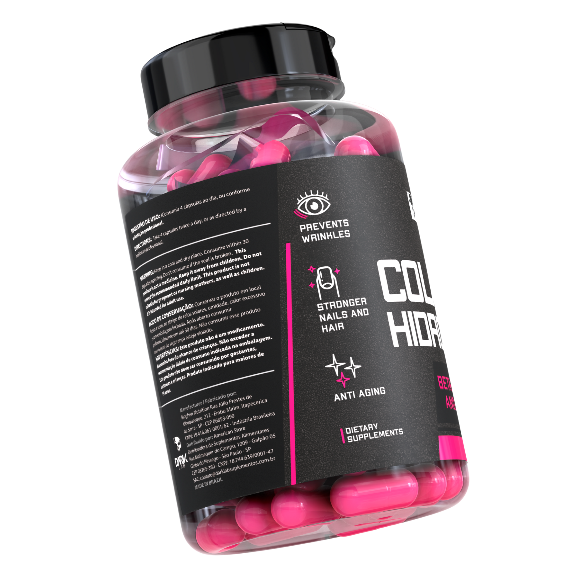 Embalagem do colágeno hidrolisado da marca Dark Lab mostrando os benefícios do produto para os usuários