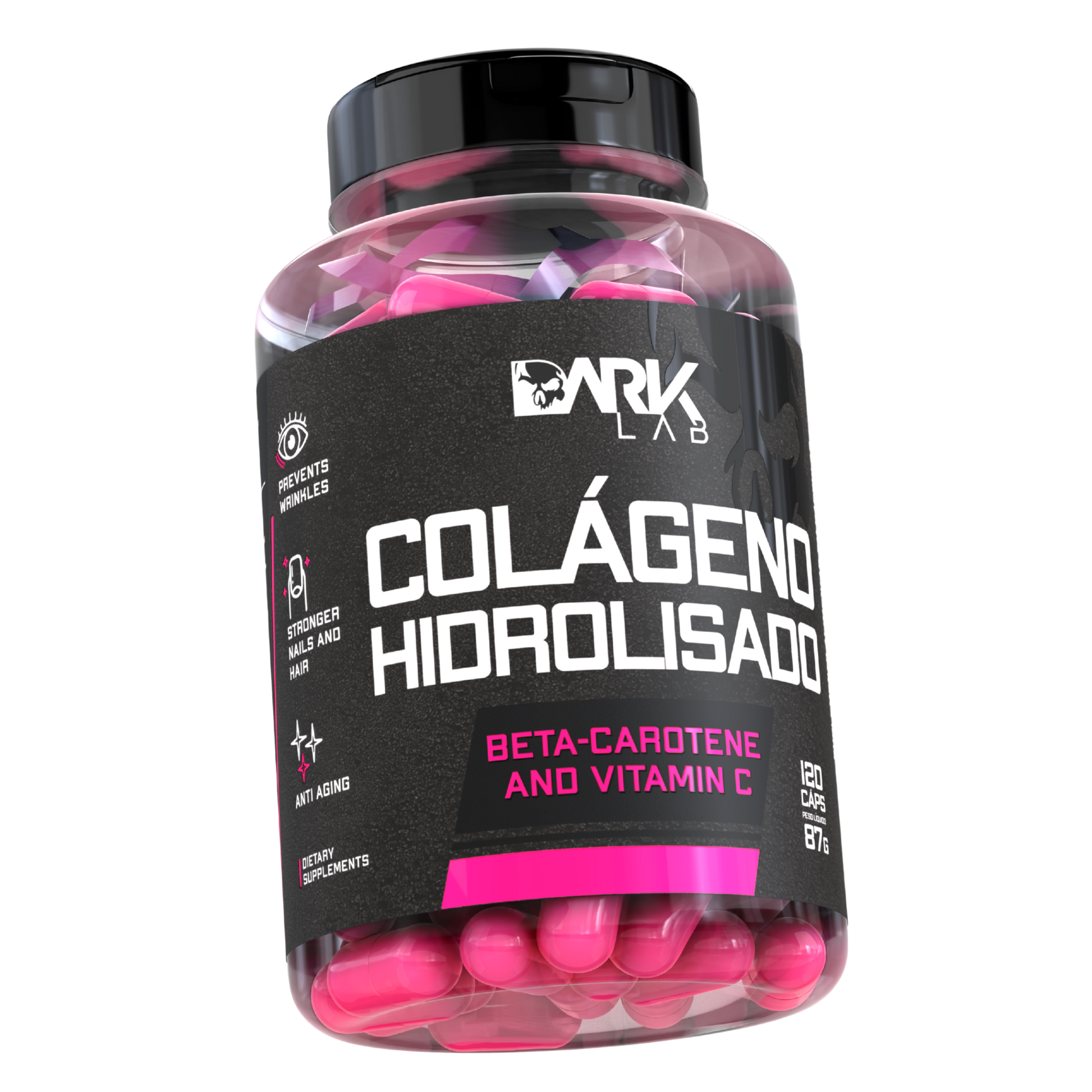Embalagem do colágeno hidrolisado da marca Dark Lab mostrando o rótulo do produto que contém beta-caroteno e vitamina C