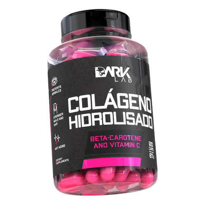Embalagem do colágeno hidrolisado da marca Dark Lab mostrando o rótulo do produto que contém beta-caroteno e vitamina C