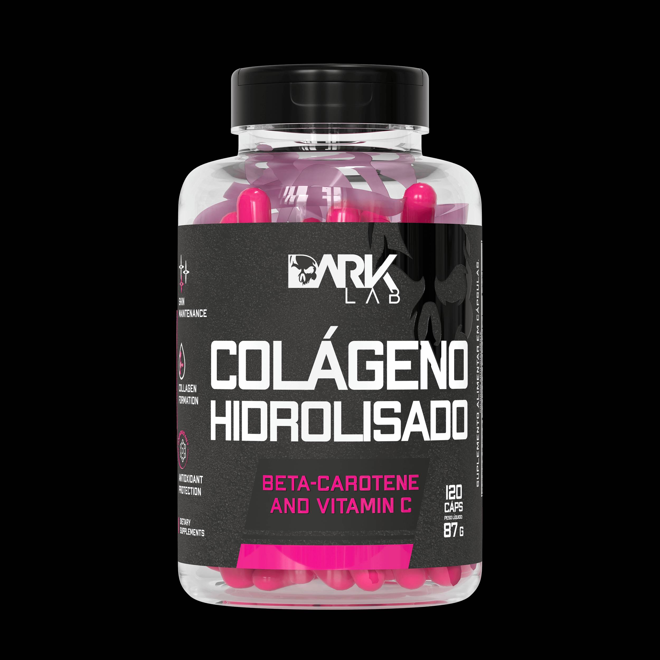 Pote de Colágeno Hidrolisado da Dark Lab mostrando a parte frontal da embalagem de 120 cápsulas e 87g