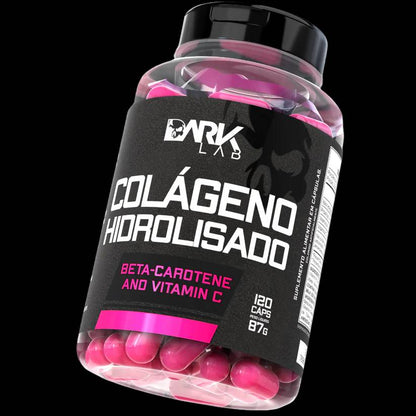Pote de Colágeno Hidrolisado da Dark Lab levemente inclinado mostrando a parte frontal da embalagem de 120 cápsulas e 87g