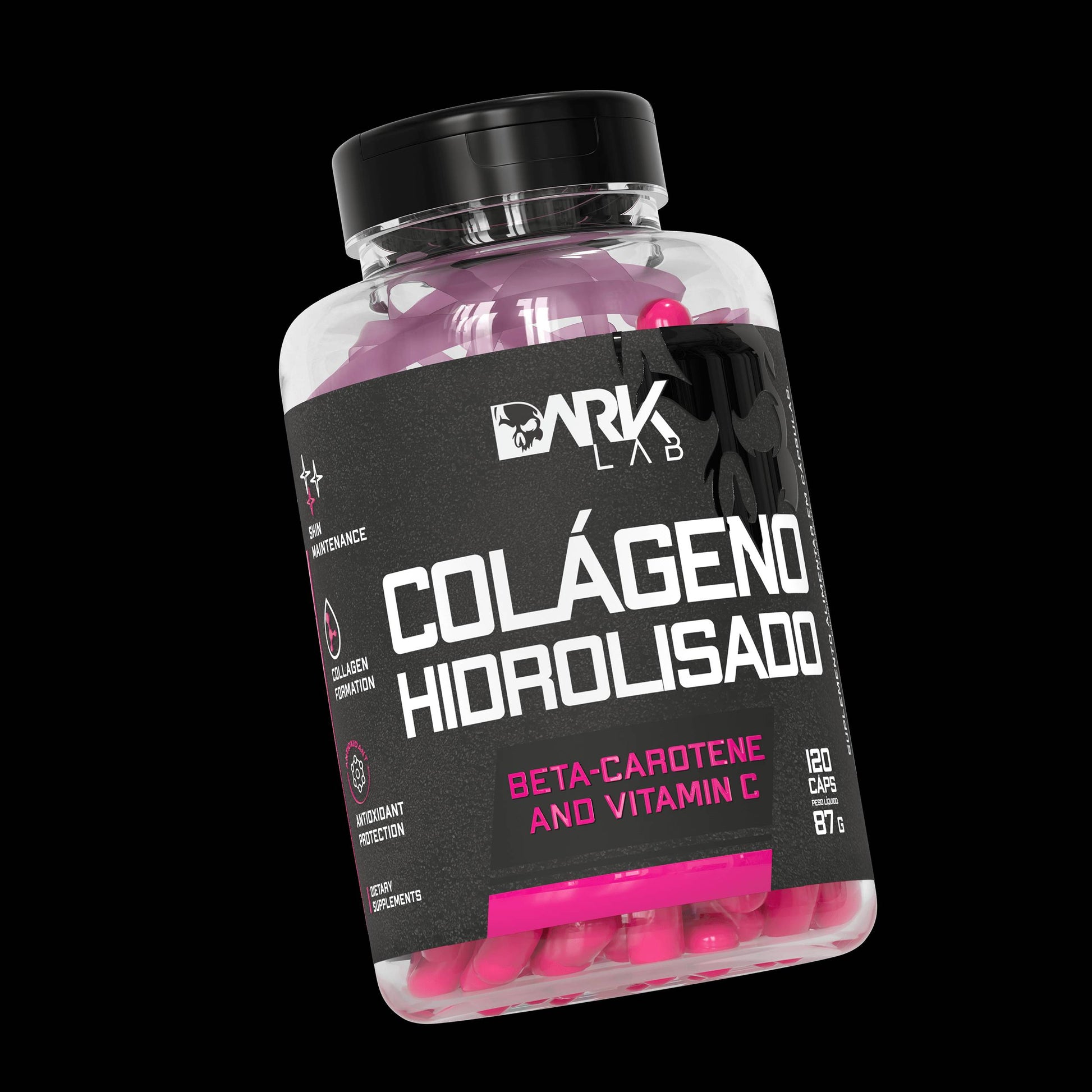 Embalagem do colágeno hidrolisado da marca Dark Lab mostrando o rótulo do produto que contém beta-caroteno e vitamina C