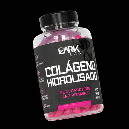 Embalagem do colágeno hidrolisado da marca Dark Lab mostrando o rótulo do produto que contém beta-caroteno e vitamina C