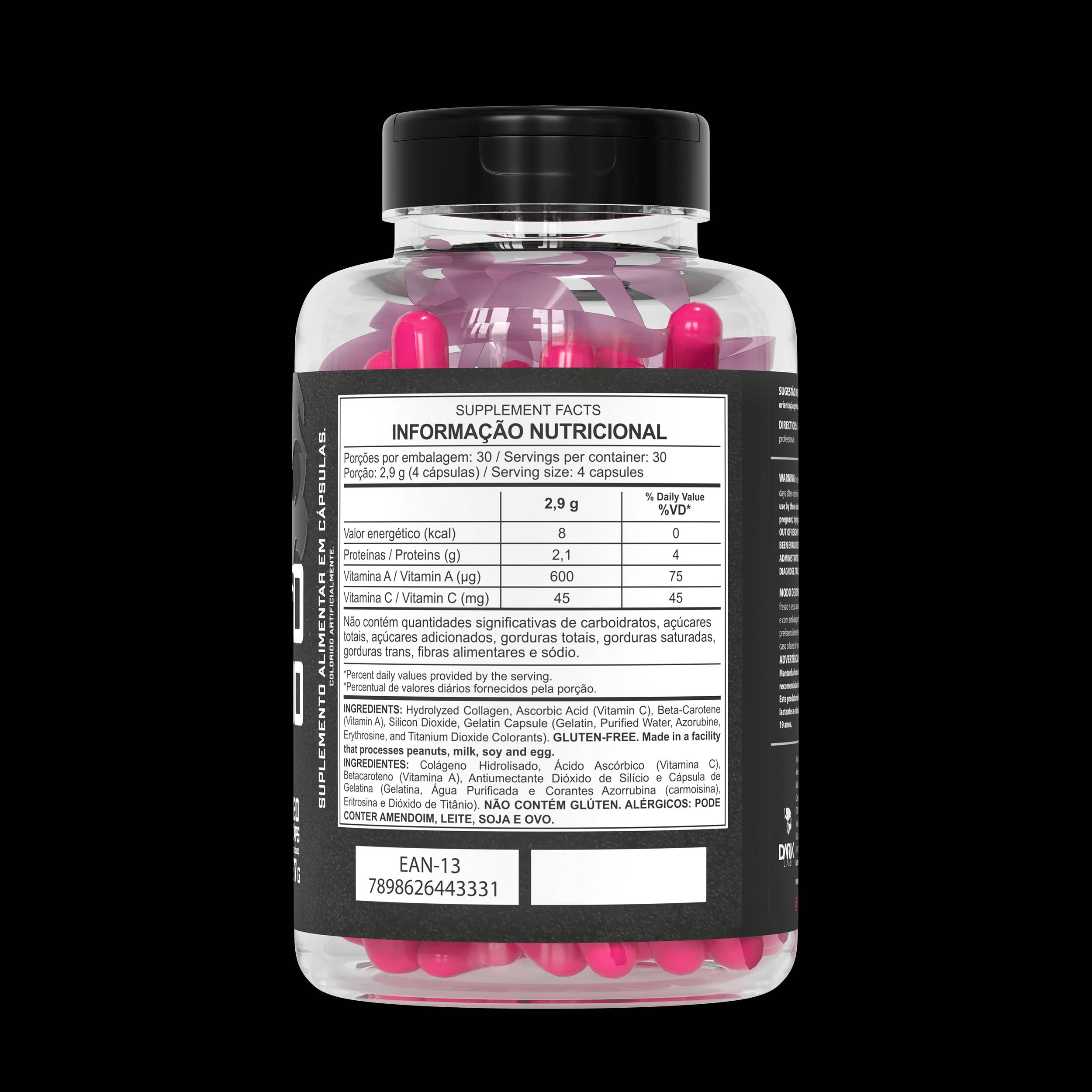 Embalagem do colágeno hidrolisado da marca Dark Lab mostrando a parte de trás do pote que contém as informações nutricionais do produto.