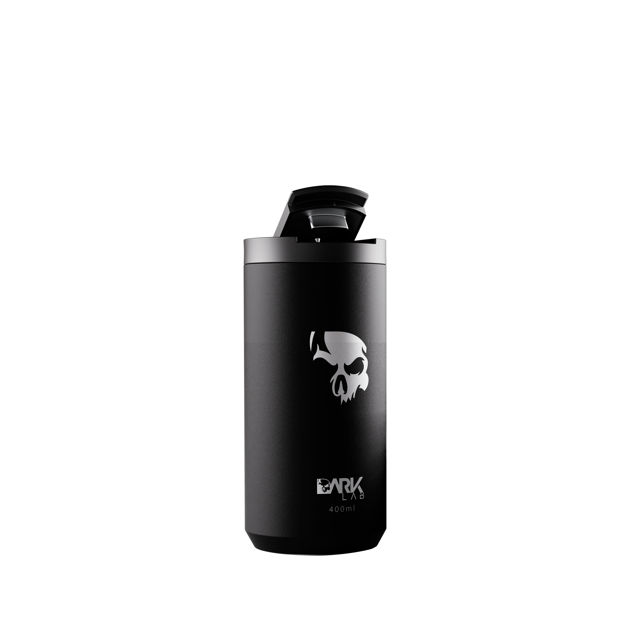 Copo Térmico 400ml para Bebidas Quentes e Geladas da Marca Dark Lab com a tampa levantada, contendo a logo da marca e caveira, ícone da Dark Lab na parte frontal.