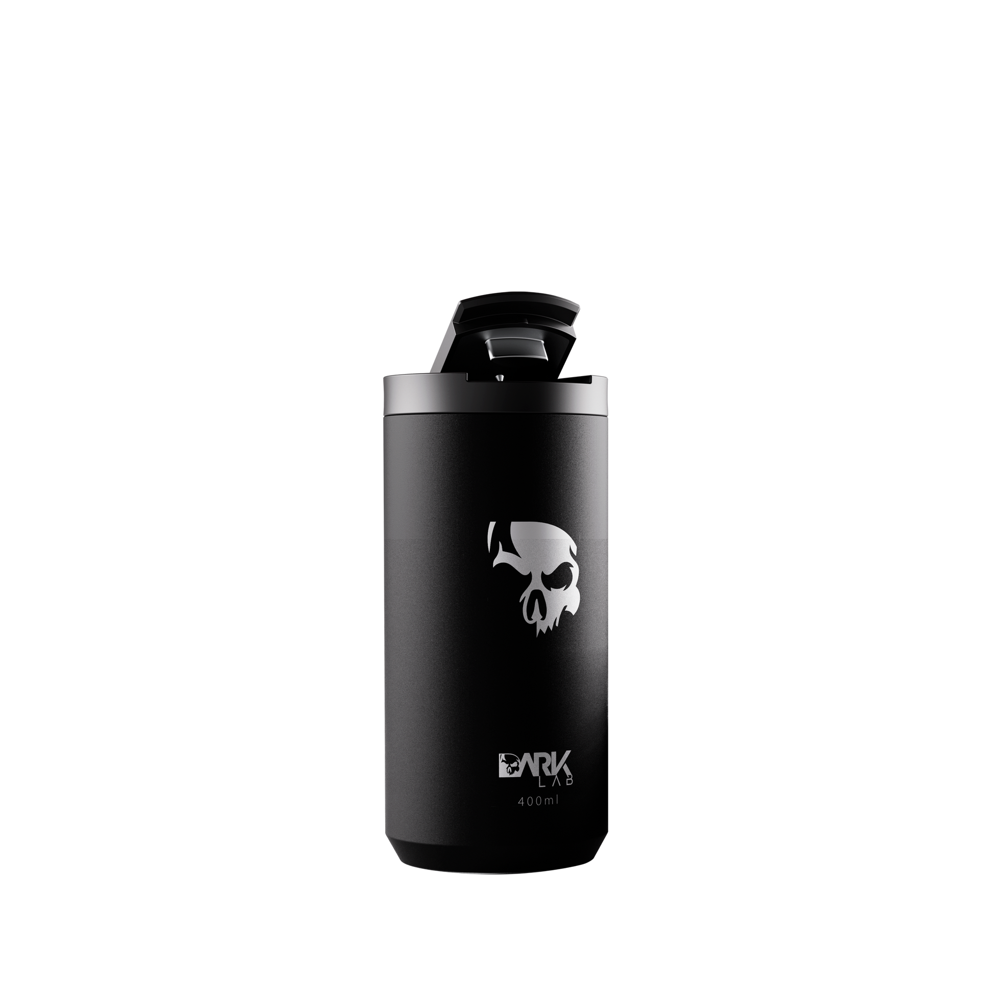 Copo Térmico 400ml para Bebidas Quentes e Geladas da Marca Dark Lab com a tampa levantada, contendo a logo da marca e caveira, ícone da Dark Lab na parte frontal.