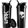 Duas coqueteleiras de caveira com rede de 700ml da marca Dark Lab, uma mostrando a parte da frente, com a logo da marca, e outra mostrando a parte de trás, caveira, ícone da marca. 