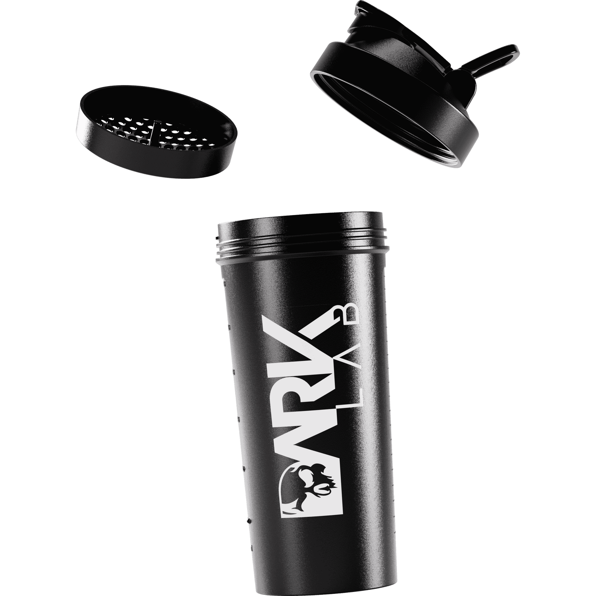 Coqueteleira de caveira com rede de 700ml da marca Dark Lab, mostrando a rede e a tampa da coqueteleira.