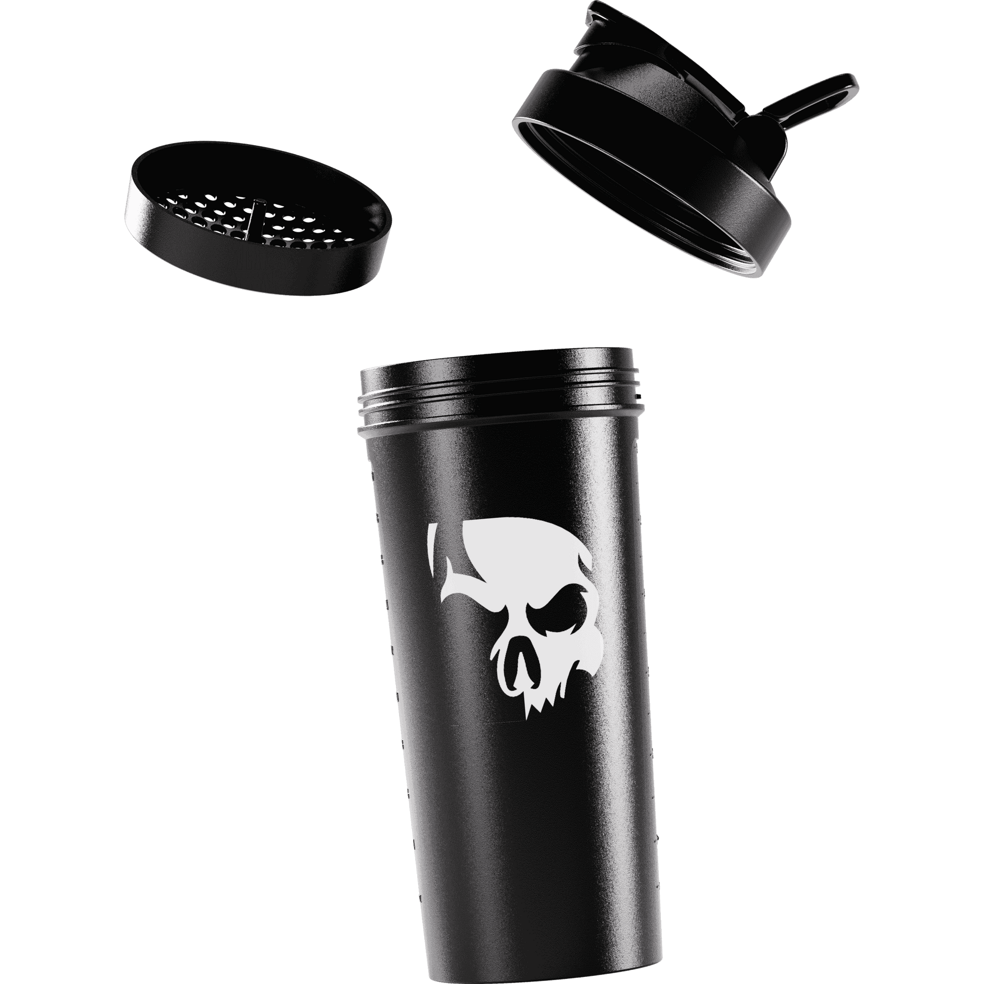 Coqueteleira de caveira com rede de 700ml da marca Dark Lab, mostrando a rede e a tampa da coqueteleira.