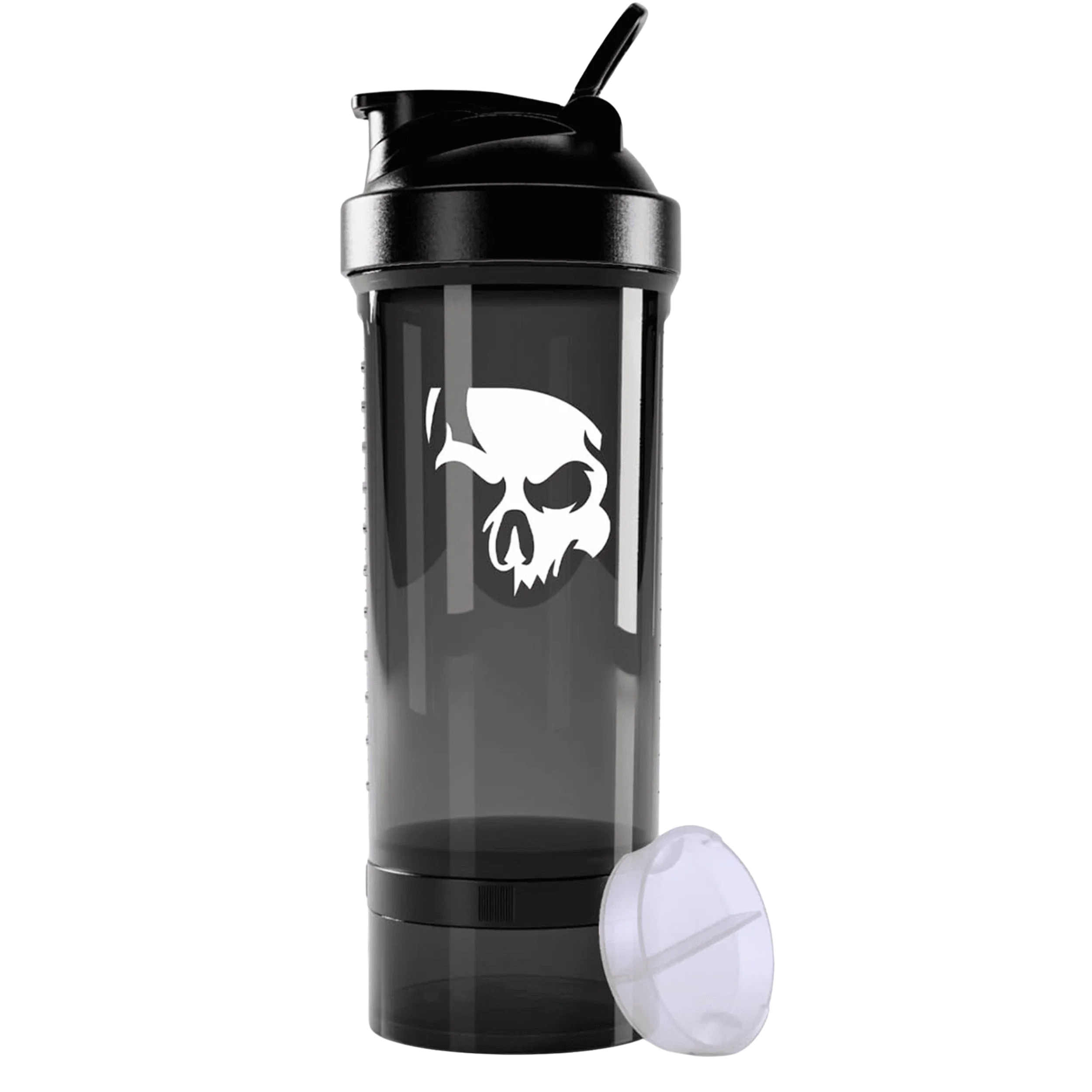 Coqueteleira de Academia Preta 700ml com Marcação da marca Dark Lab mostrando a caveira, ícone da marca, na superfície. 