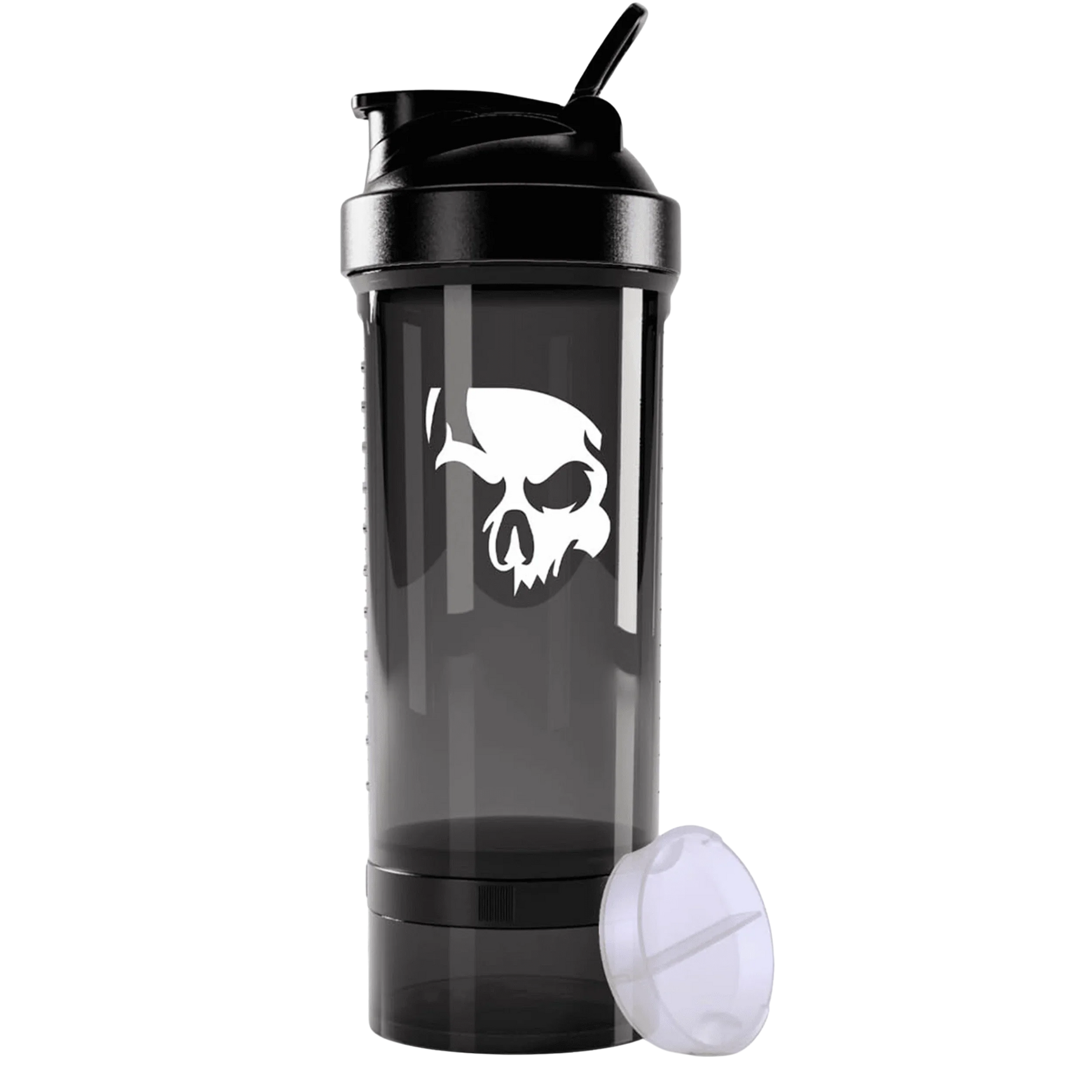 Coqueteleira de Academia Preta 700ml com Marcação da marca Dark Lab mostrando a caveira, ícone da marca, na superfície. 