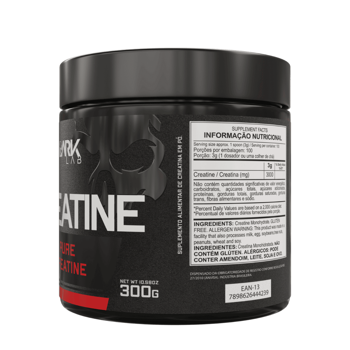 Pote com informações nutricionais da creatina pura 300g da Dark Lab 