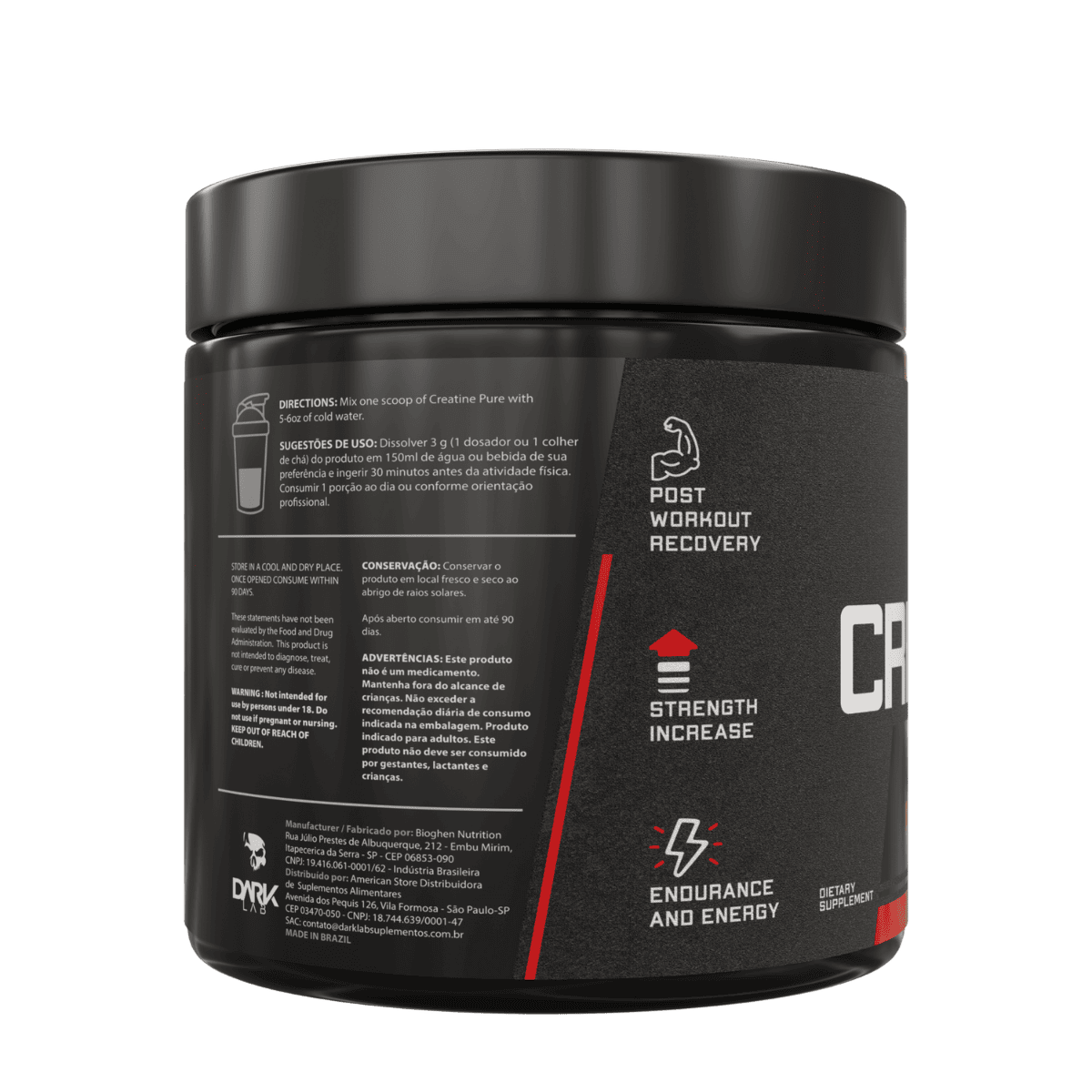 Pote com informações de como consumir e benefícios da creatina pura 300g da Dark Lab 