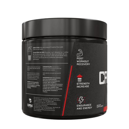 Pote com informações de como consumir e benefícios da creatina pura 300g da Dark Lab 