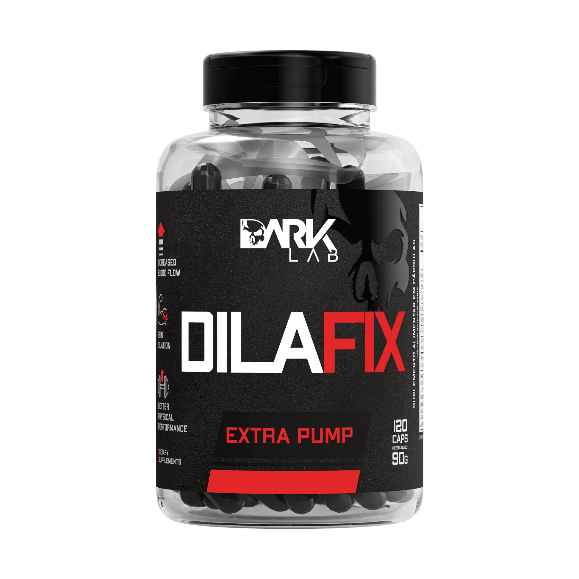 Pote de 90g com 120 cápsulas do vasodilatador DilaFix Extra Pump da Dark Lab