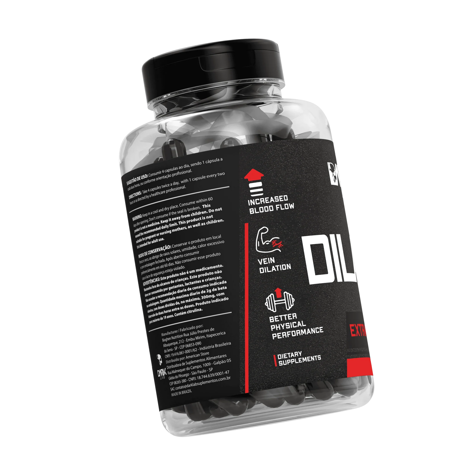 Informações sobre composição, benefícios e modo de uso do vasodilatador diafix extra pump 120 cápsulas da Dark Lab