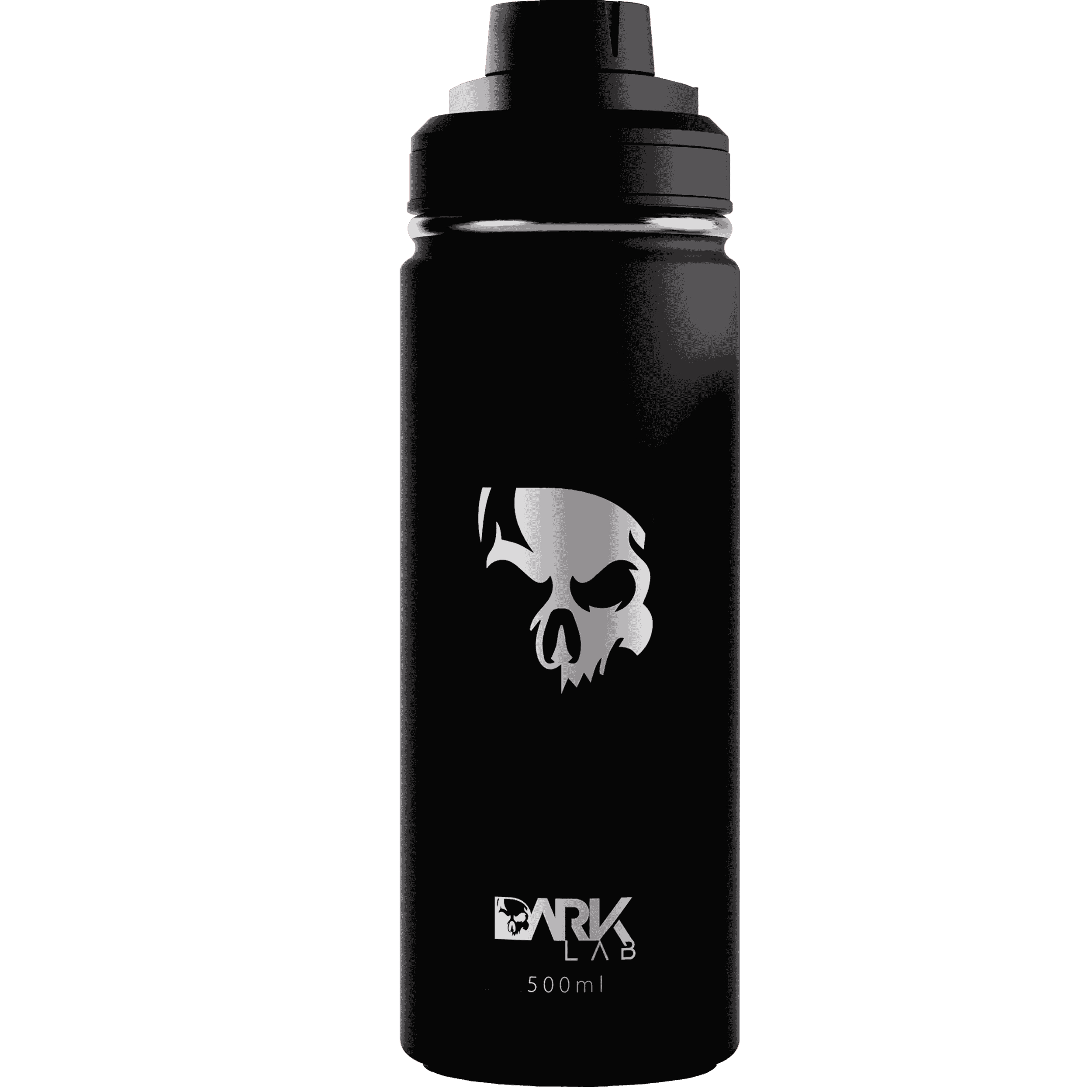 Garrafa Térmica 500ml em Aço Inoxidável com a caveira, ícone da marca Dark Lab e a logo estampada.