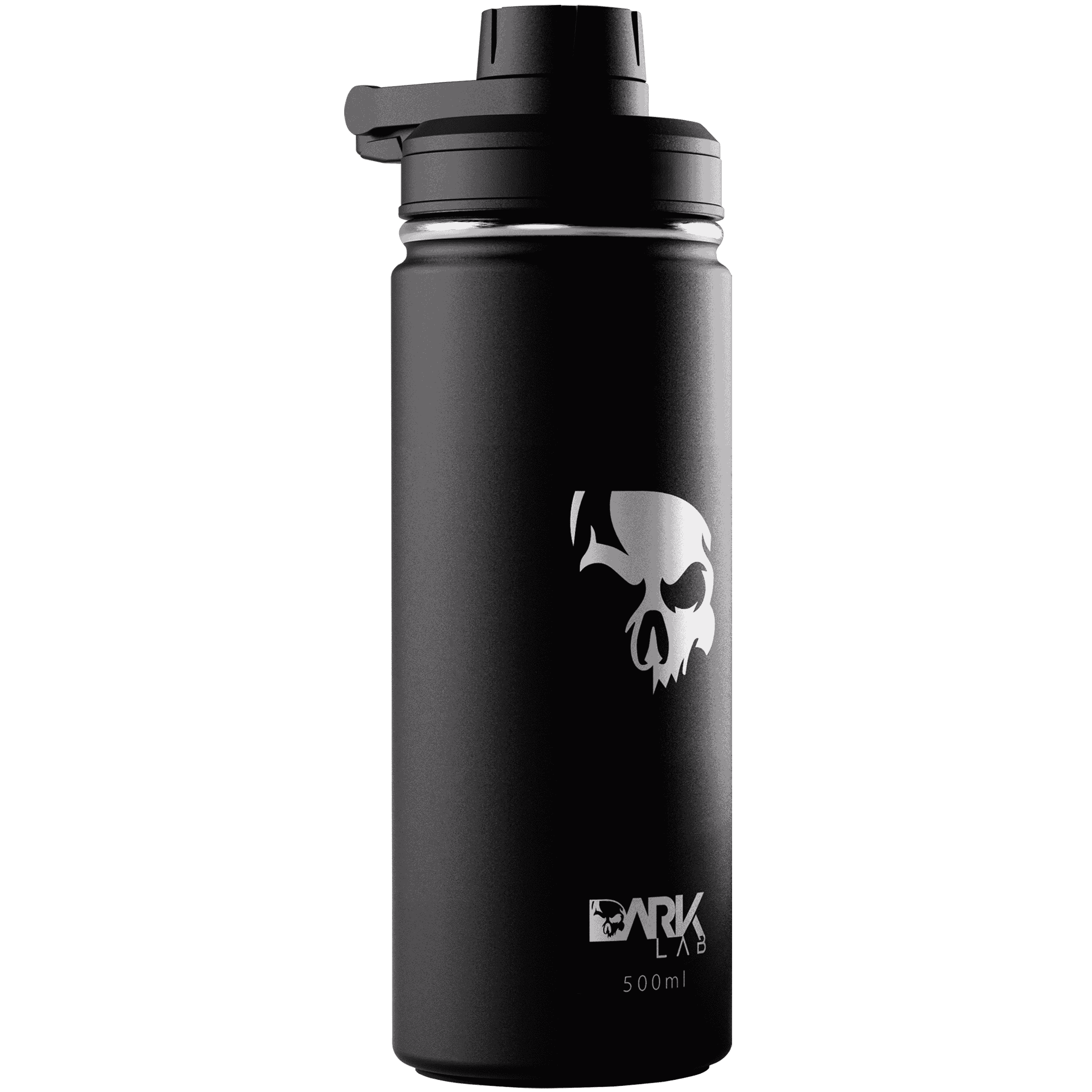 Garrafa Térmica de 500ml em Aço Inoxidável com a caveira da marca Dark Lab estampada na frente.