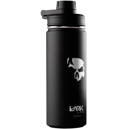 Garrafa Térmica de 500ml em Aço Inoxidável com a caveira da marca Dark Lab estampada na frente.