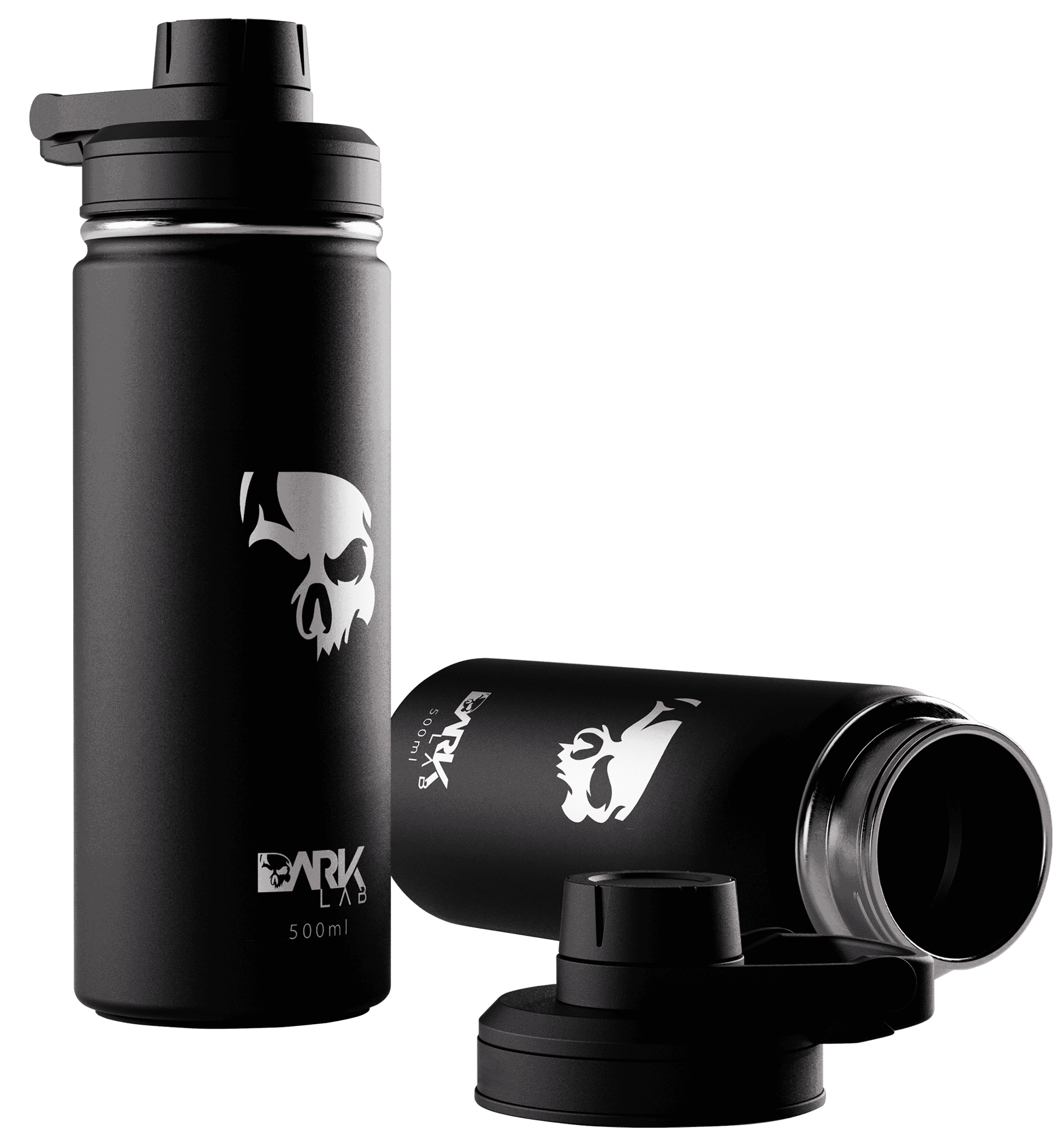Duas garrafas térmicas de 500ml da Dark Lab com a logo da marca estampada nelas.