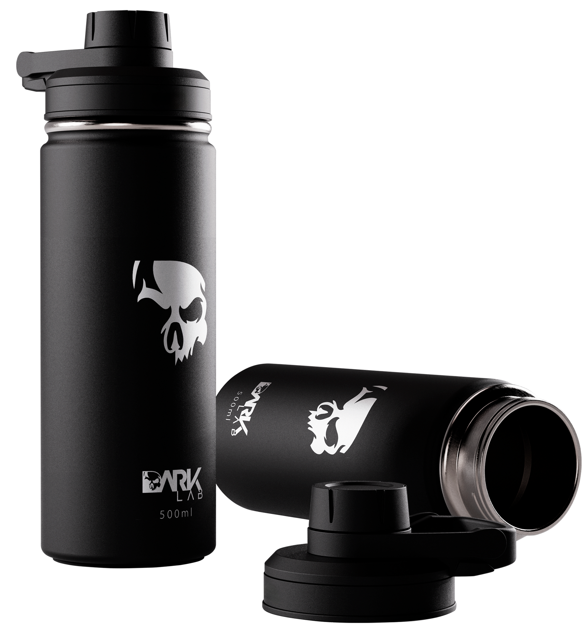 Duas garrafas térmicas de 500ml da Dark Lab com a logo da marca estampada nelas.