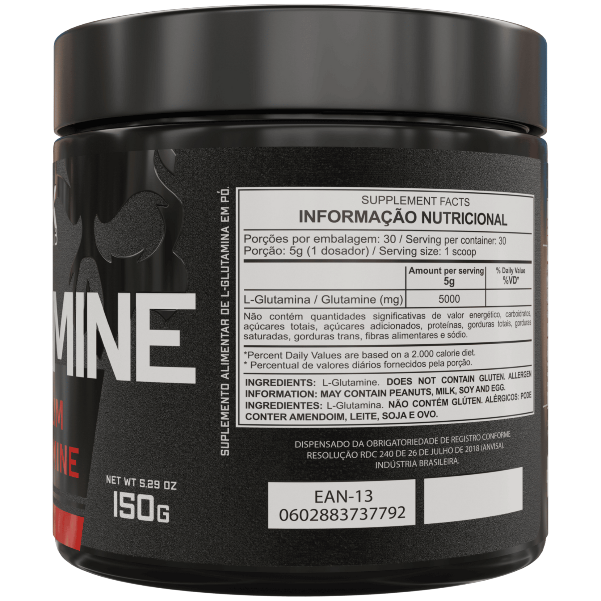 Informações nutricionais da Glutamina premium da Dark Lab no pote de 150g